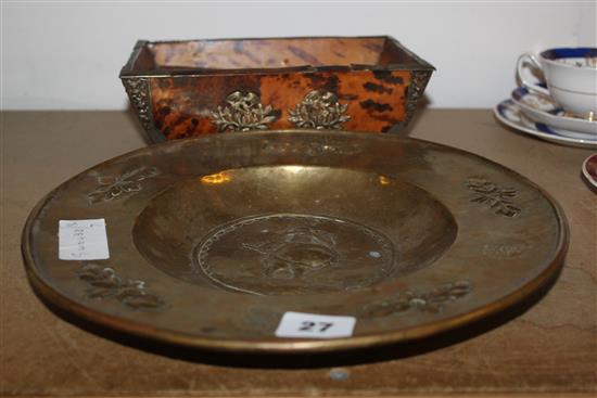 Brass charger & tortoiseshell and metal mounted box with drawer